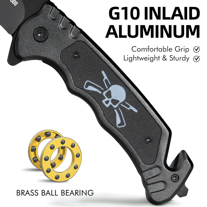 Nedfoss Grizzly Tactical Pocket Knife with Glass Breaker and Seatbelt Cutter, Unique Skull G10 Handle
