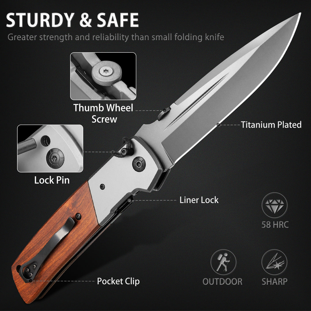 Nedfoss DA52  5" Long Blade Folding Knife with Wood Handle, Safety Liner Lock and Belt Clip