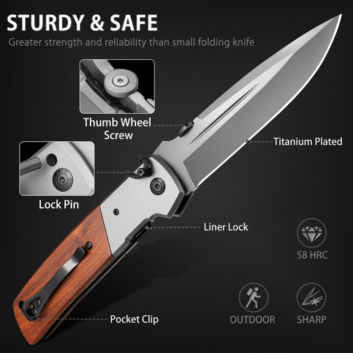 Nedfoss DA52  5" Long Blade Folding Knife with Wood Handle, Safety Liner Lock and Belt Clip