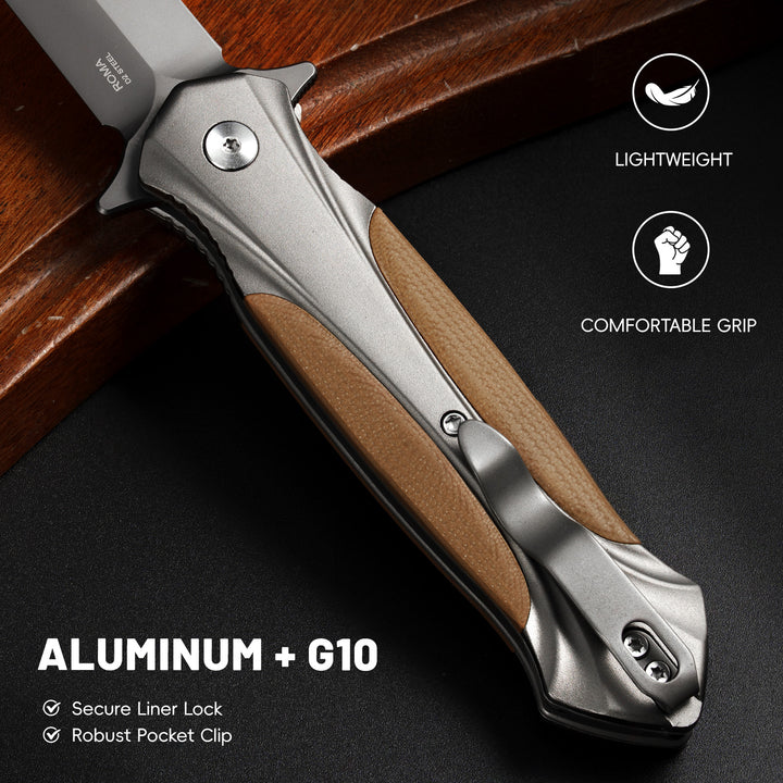 VALHALLA ROMA Pocket Knife, 3.5'' D2 Steel Retro Pocket Folding Knife with Aluminum G10 Handle, Cool Pocket Knife For Men, Liner Lock, Cool EDC Knives, Gift for men Women