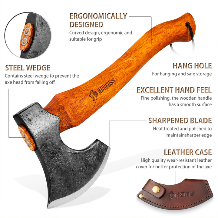 NEDFOSS Camping Hatchet Axe, 15" Wooden Handle Bushcraft Axe with Sheath, Viking Axe with Steel Wedge, Hand Forged Hatchets for Camping and Survival, Gift for Men