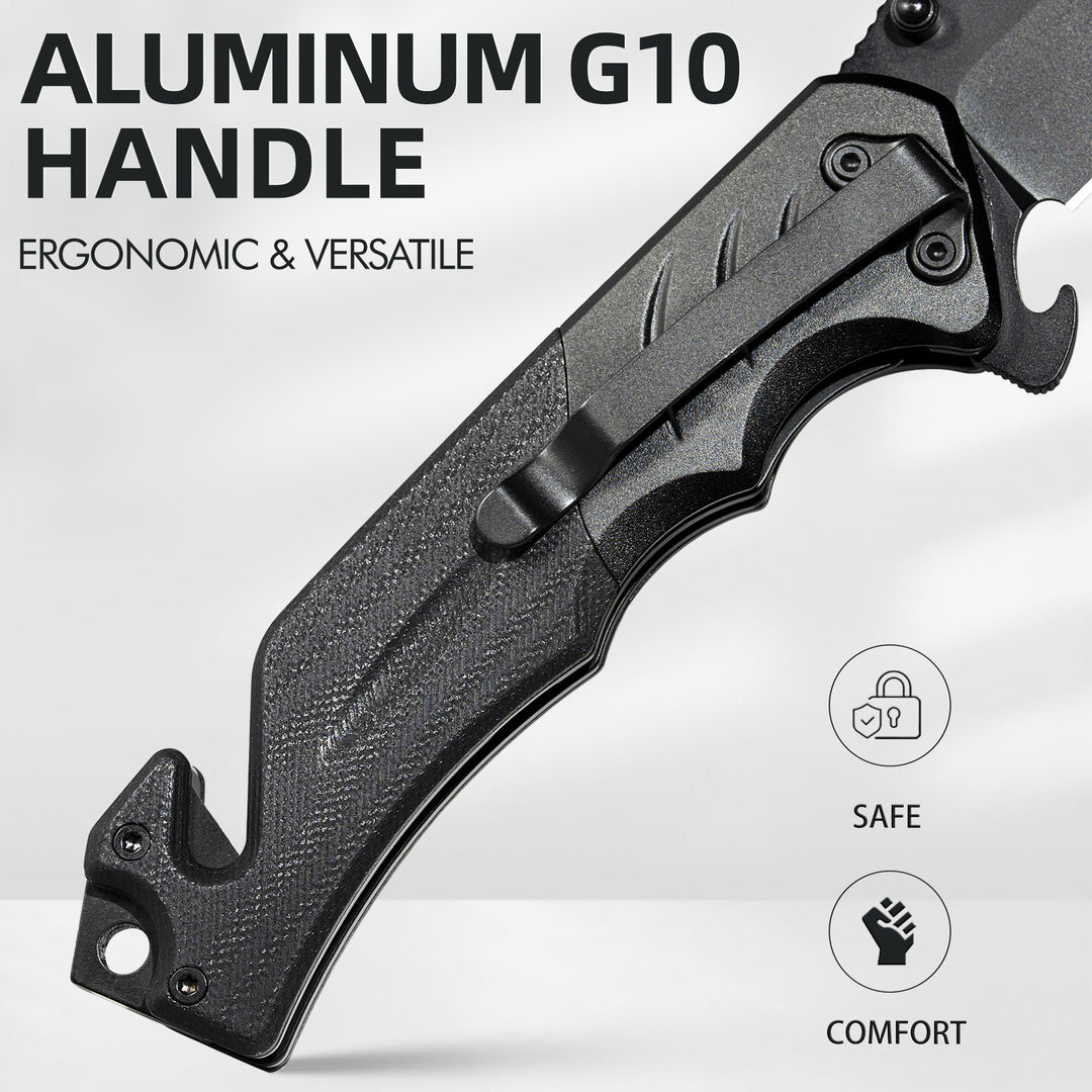 NedFoss FA49 Pro 4-in-1 3.4" 8Cr14Mov Steel Upgraded Black Tactical Pocket Knife with G10 Handle