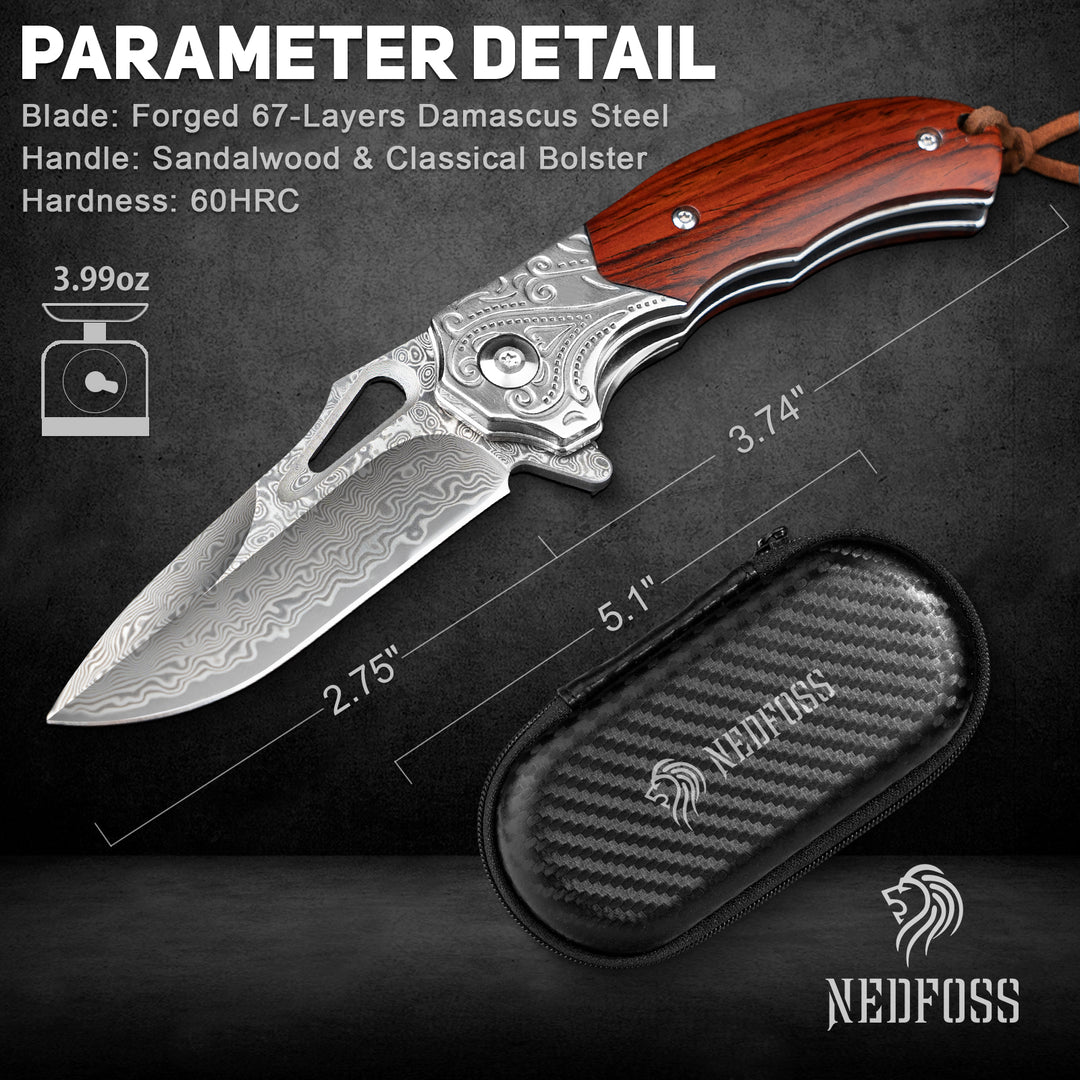 Nedfoss tiger-shark  Damascus Pocket Knife with Engraved Pattern and Sandalwood Handle