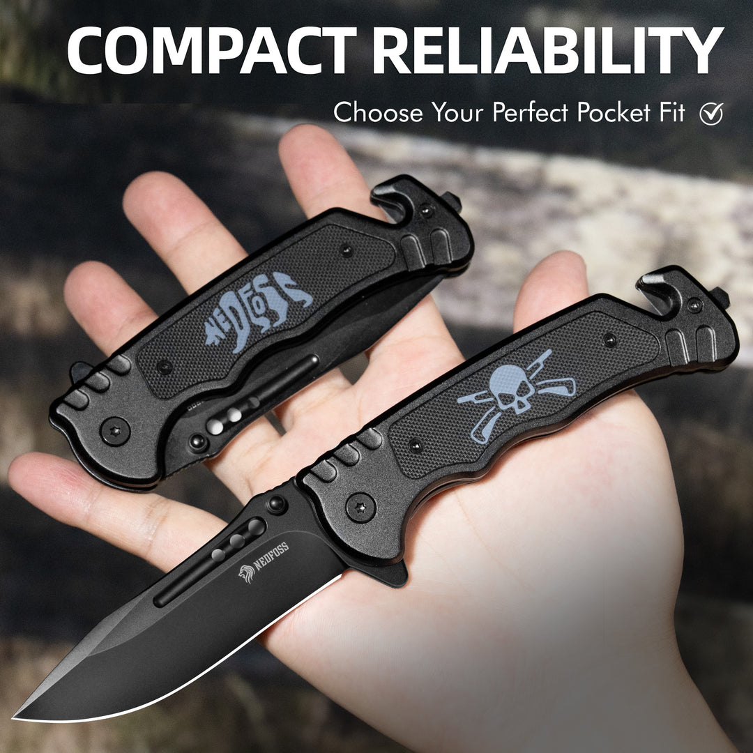 Nedfoss Grizzly Tactical Pocket Knife with Glass Breaker and Seatbelt Cutter, Unique Skull G10 Handle