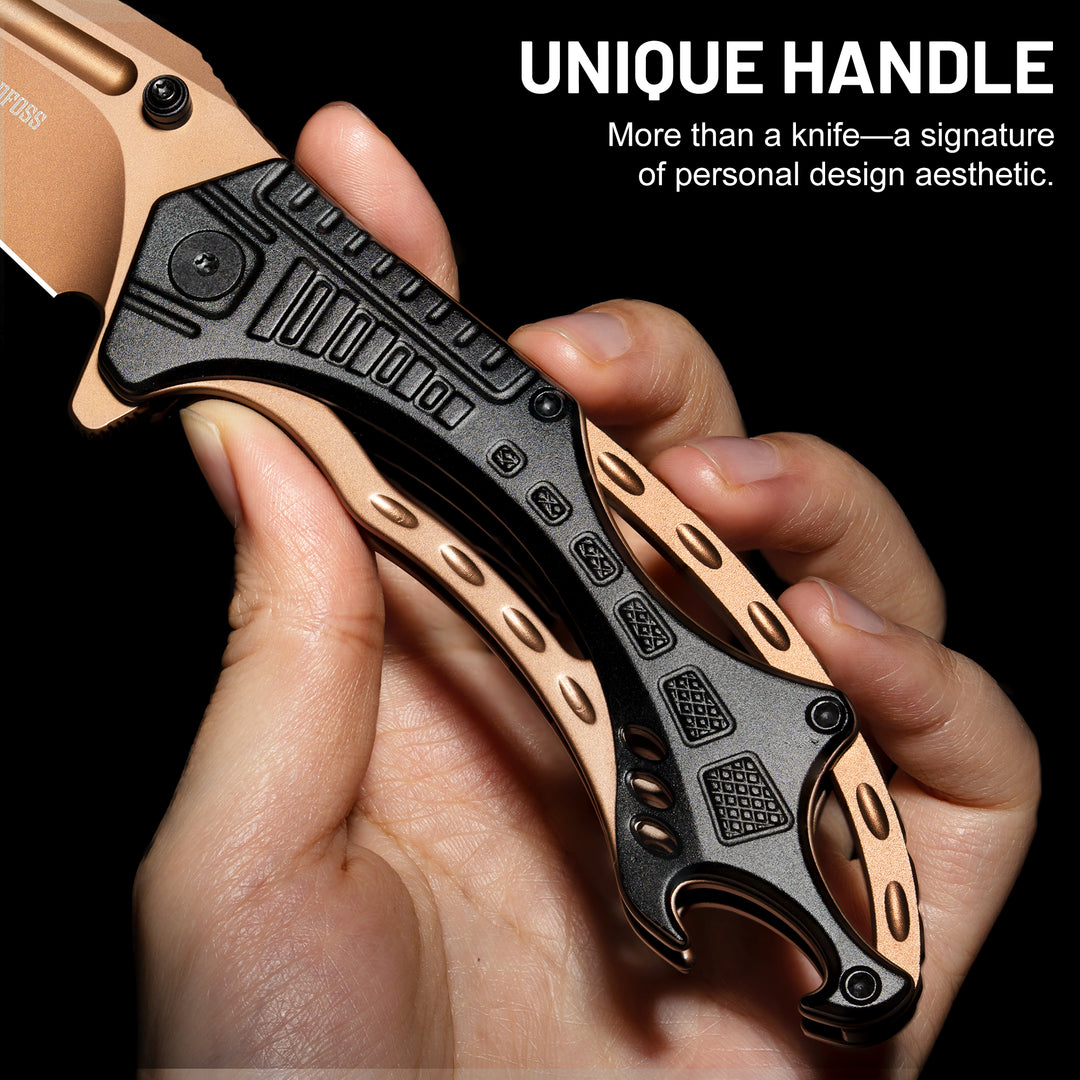 NedFoss CHEETAH Folding Pocket Knife, Premium Gold D2 Steel Blade Survival Knife, Unique Aluminum Handle with Skeletonized Frame, Pocket Clip, Cool Pocket Knives for Men Gift