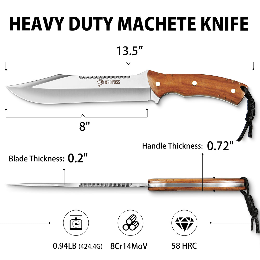 NedFoss 13.5" Machete Knife with Leather Sheath, Strong 8Cr14Mov Steel 0.22" Thick Blade Full Tang Kukri Machete for Cutting Trees Heavy Duty, Survival Fixed Blade Knife for Yard Work Clearing Brush