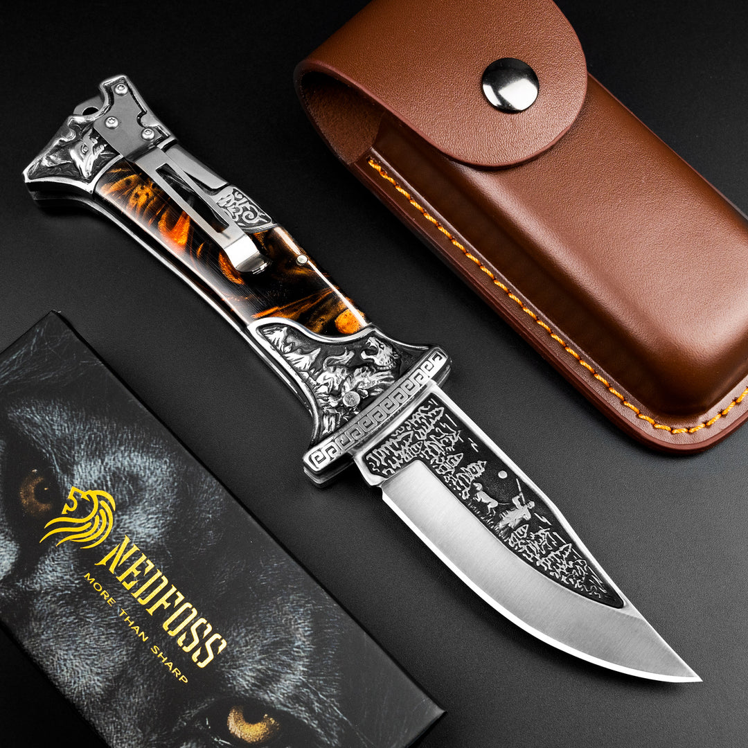 Nedfoss Tiger-roar Pocket Knife with Engraved Blade, Back Lock