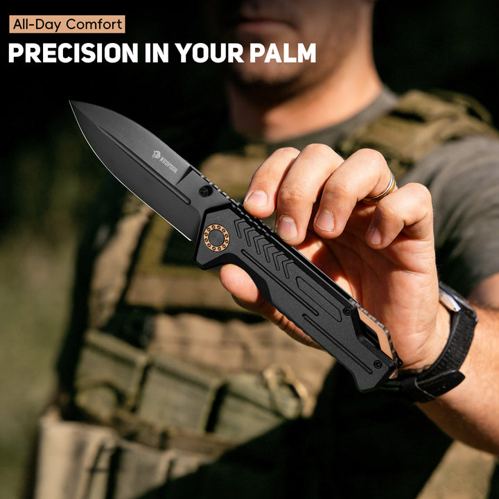 NedFoss M17 Tactical Knife, Large Pocket Knife for Men, 3.4" PVD D2 Steel Folding Knife with Lightweight Aluminum Handle, Glass Breaker, Frame Lock, Clip, Cool Survival Knives For EDC Hunting Work