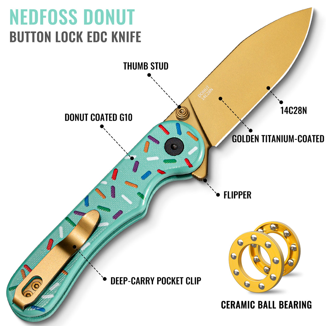 NedFoss DONUT 2.96" 14C28N Steel Blade Pink EDC Pocket Knife with Button Lock