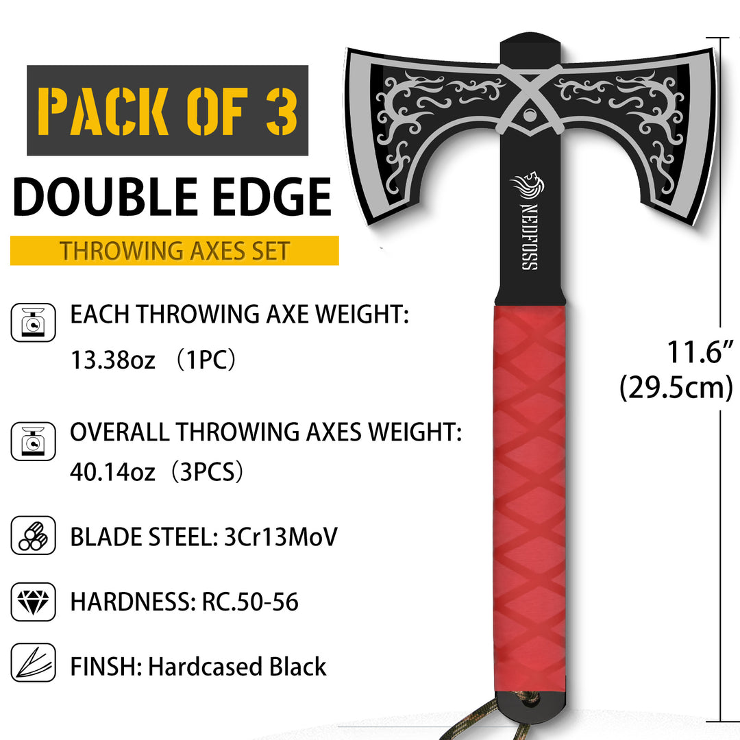 NedFoss Throwing Knife and Throwing Axe Set, 11.6" Throwing Axes and Tomahawks, Viking Double Bit, Tear-Resistant TPR Handle, Throwing Axe for Axe Throwing Game