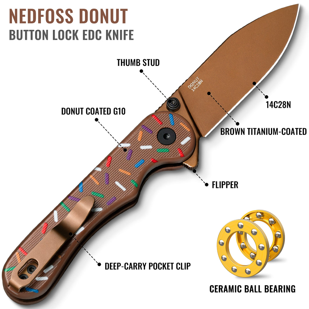 NedFoss DONUT 2.96" 14C28N Steel Blade Pink EDC Pocket Knife with Button Lock