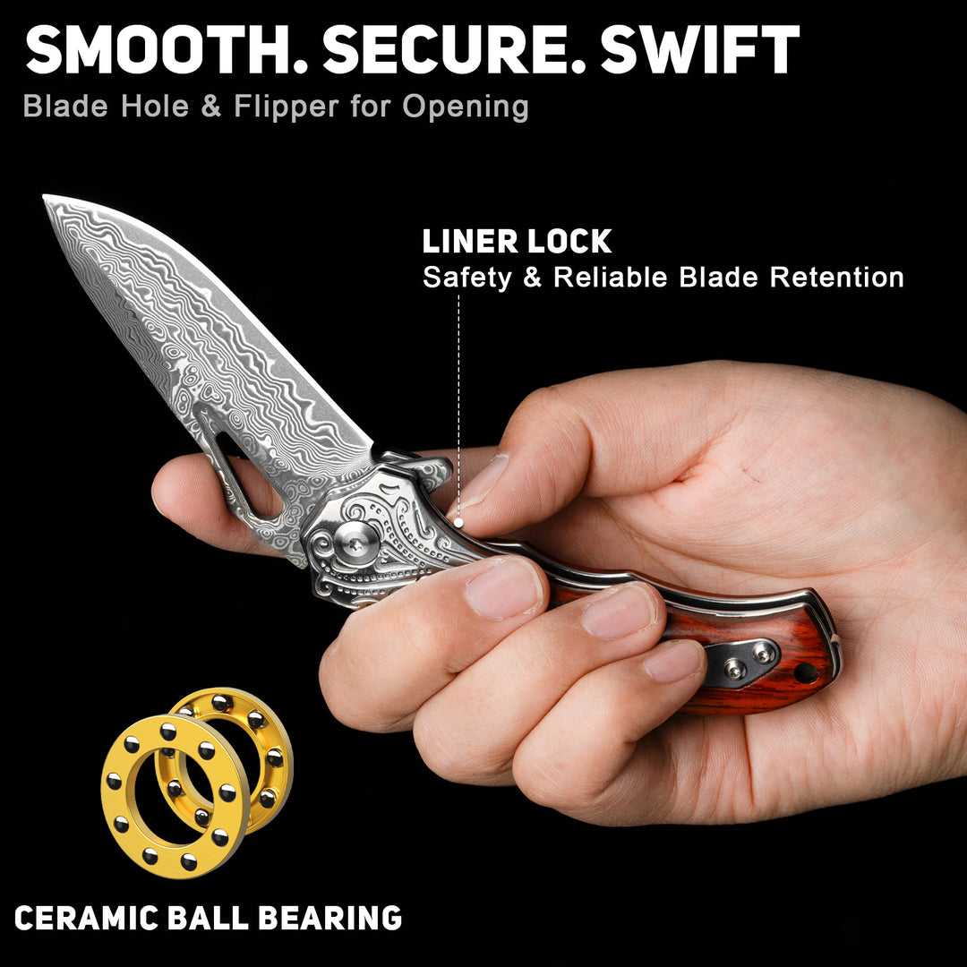 Nedfoss tiger-shark  Damascus Pocket Knife with Engraved Pattern and Sandalwood Handle