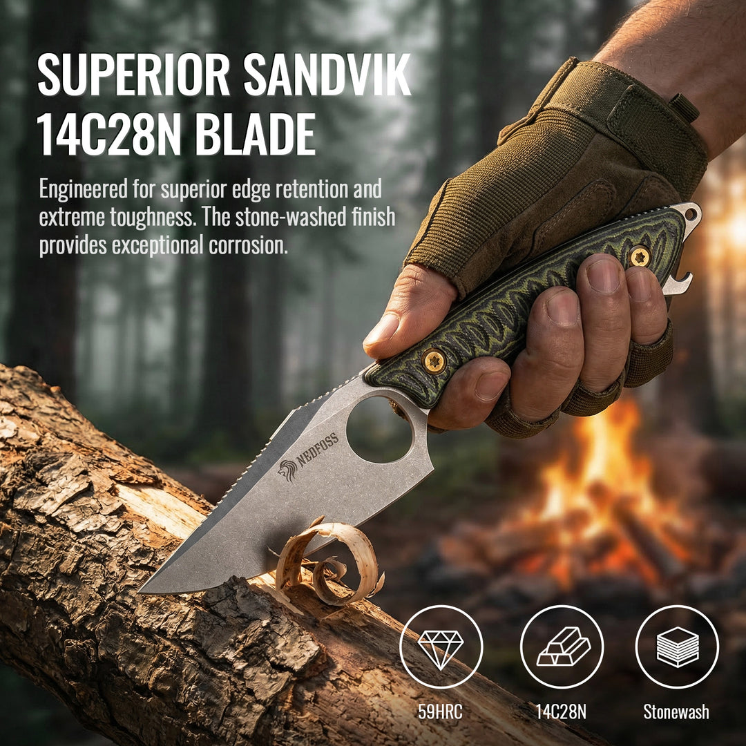 NedFoss CATFISH 3.7" 14C28N Steel EDC Fixed-Blade Full-Tang Camping Knife with Finger Hole, G10 Handle, Bottle Opener