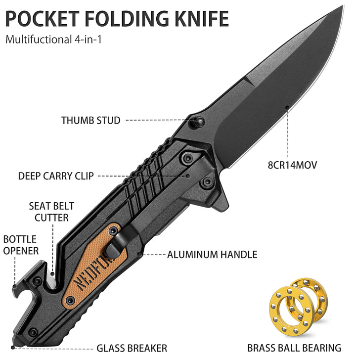 Nedfoss AK10 Tactical Pocket Folding Knife, 4 in 1 EDC Knife,3.6" 8CR14MOV Blade