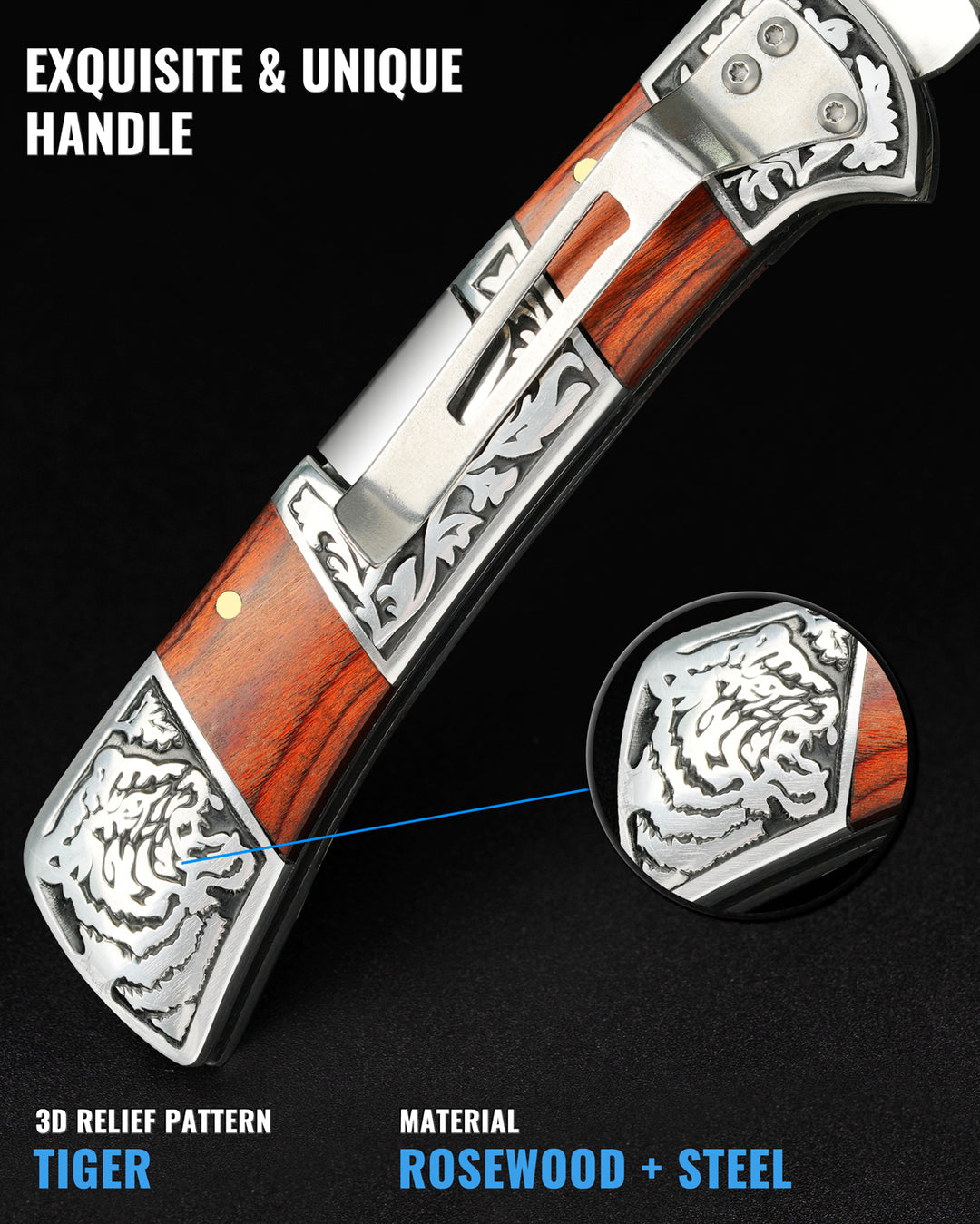 NedFoss SMILODON Damascus Pocket Knife for Men, 4" Back Lock Folding Knife, Luminous Resin and Engraved 3D Tiger Relief Handle, Pocket Clip, Cool Knives Personalized Gift for Collection