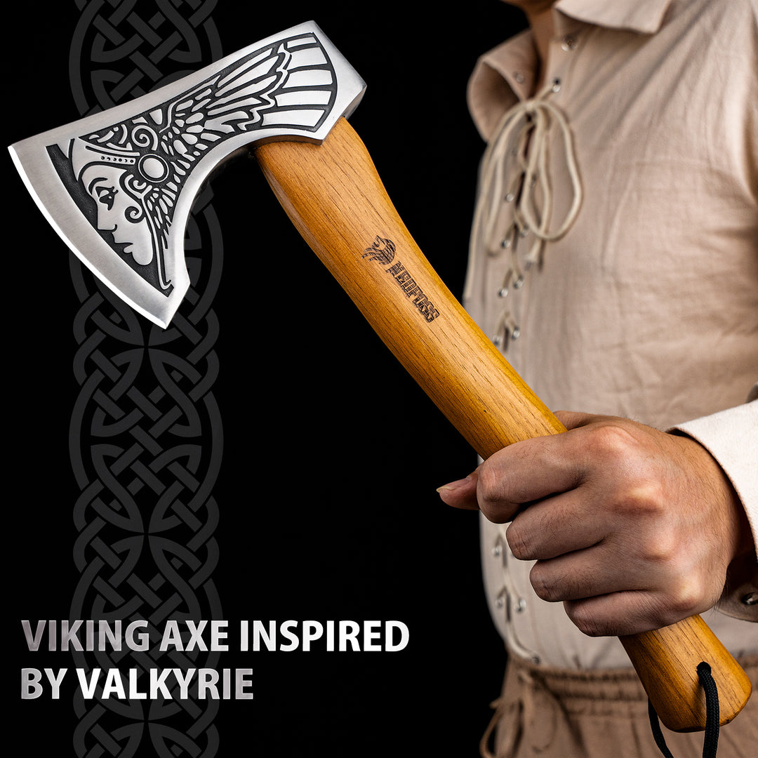 NedFoss Valkyrie 13" Viking Axe, Bearded Axe with Leather Sheath, Beech Wood Handle, Excellent Gifts for Men