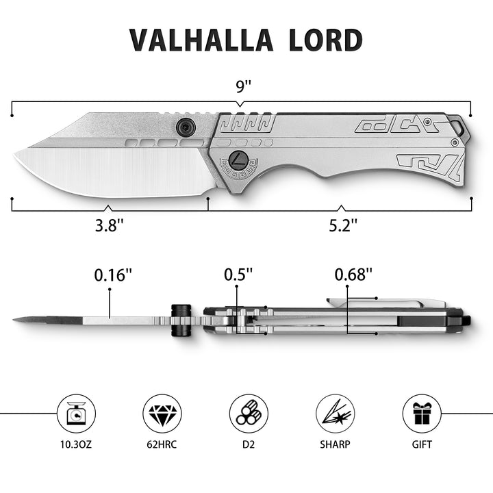VALHALLA LORD Large Tactical Folding Knife , 3.6'' D2 Steel Blade, Frame Lock