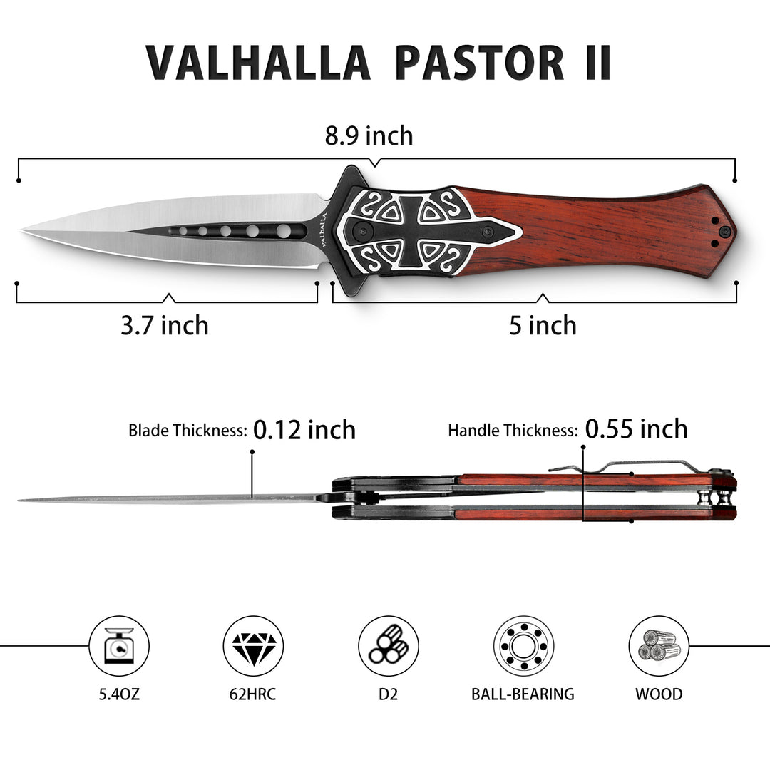 VALHALLA PASTOR Pocket Knife, 3.7'' D2 Steel Blade, 3D Retro Embossed, Liner Lock
