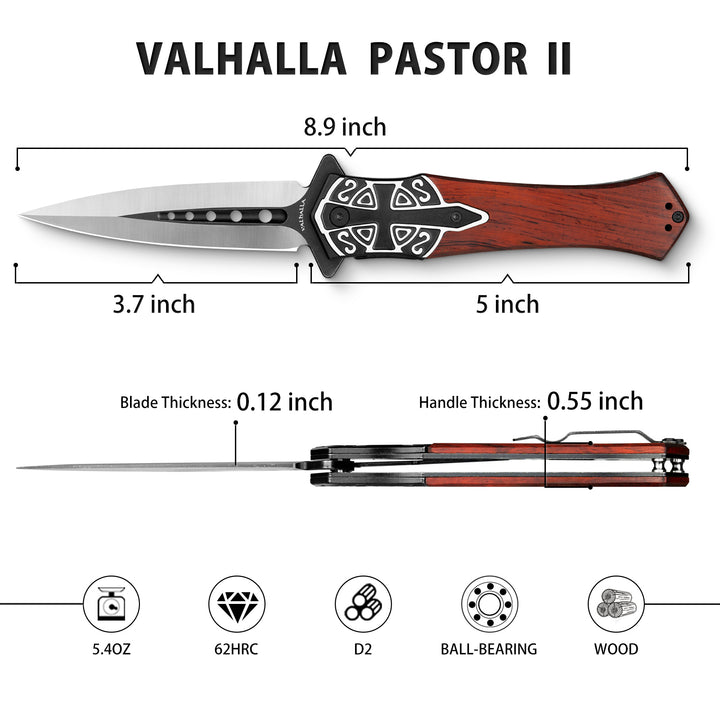 VALHALLA PASTOR Pocket Knife, 3.7'' D2 Steel Blade, 3D Retro Embossed, Liner Lock
