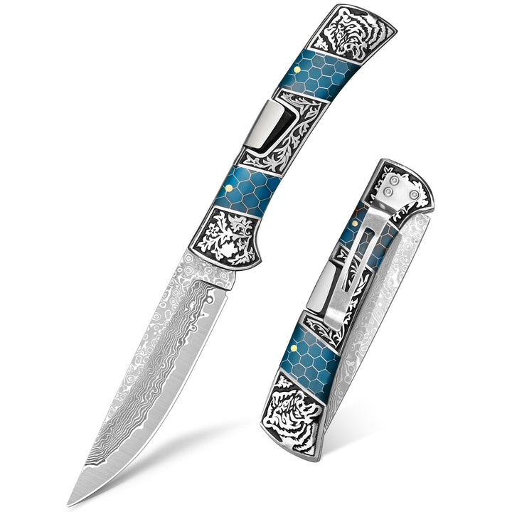 NedFoss SMILODON Damascus 4" Back Lock Folding Knife  with Luminous Resin and Engraved 3D Tiger Relief Handle