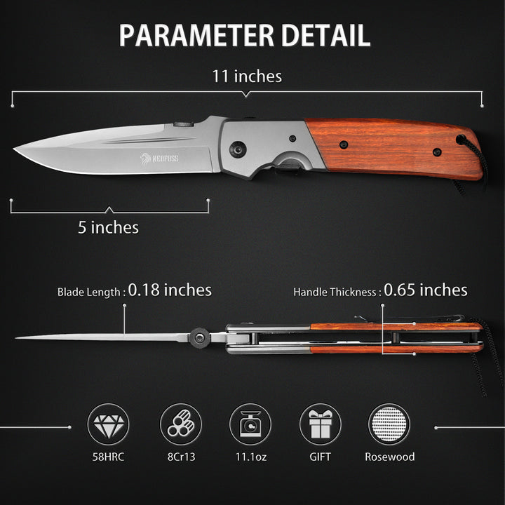 Nedfoss DA52  5" Long Blade Folding Knife with Wood Handle, Safety Liner Lock and Belt Clip