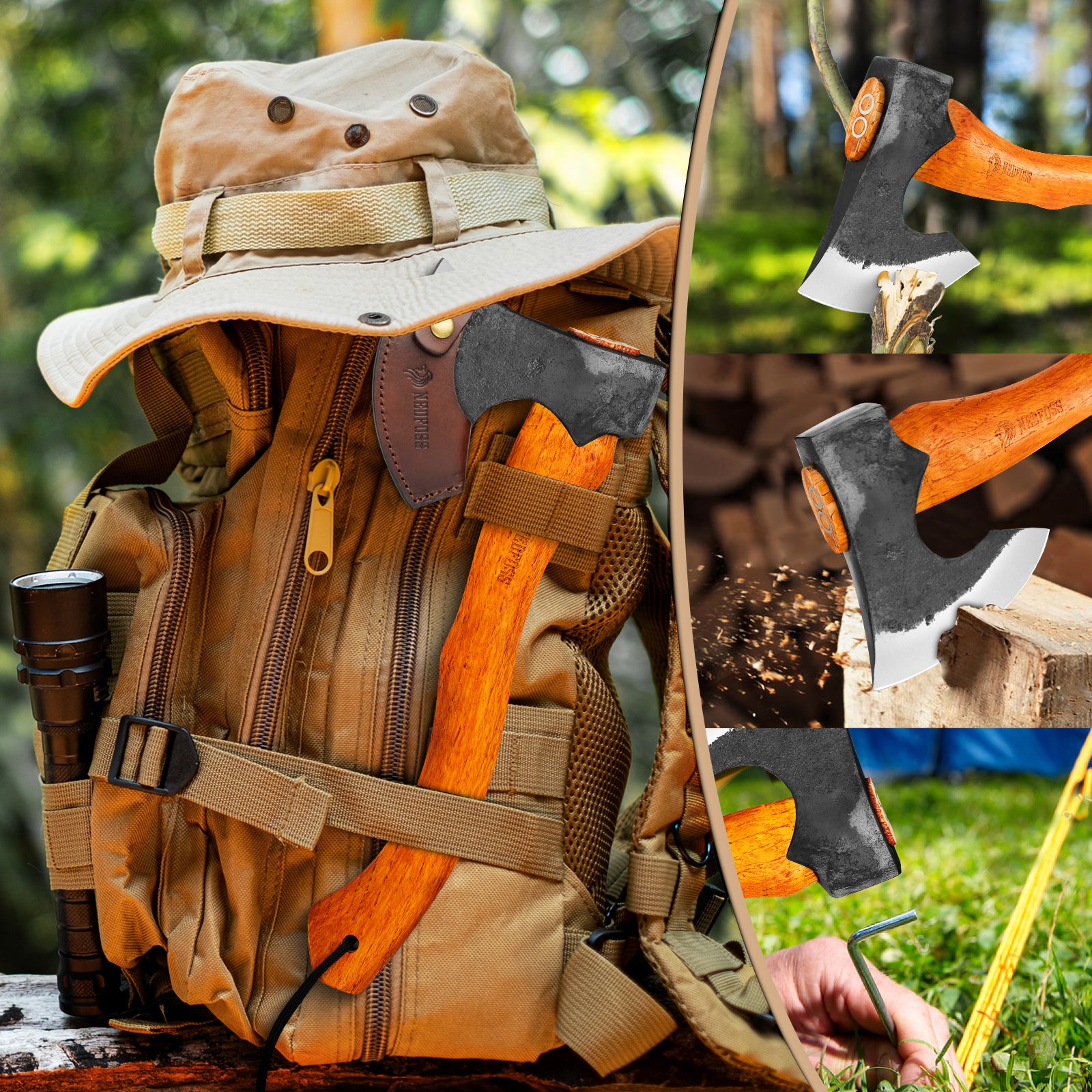 アウトドア寝具 Aivas Camping Hatchet Axe, Wooden Handle Bushcraft Axe with Sheath