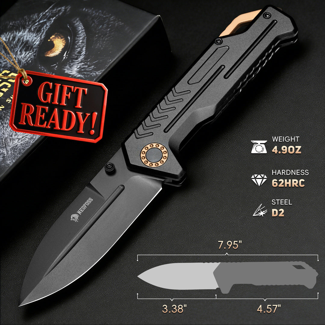NedFoss M17 Tactical Knife, Large Pocket Knife for Men, 3.4" PVD D2 Steel Folding Knife with Lightweight Aluminum Handle, Glass Breaker, Frame Lock, Clip, Cool Survival Knives For EDC Hunting Work