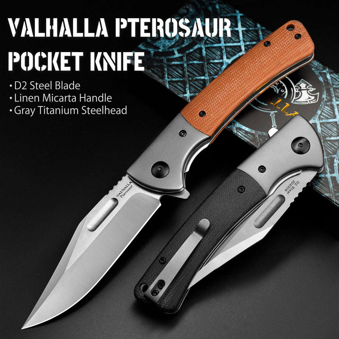 VALHALLA PTEROSAUR Pocket Knife, 3.9'' D2 Steel Folding Knife with Micarta Handle, Pocket Knife for Men, Cool Knives, Hunting Knife, Gifts for Men