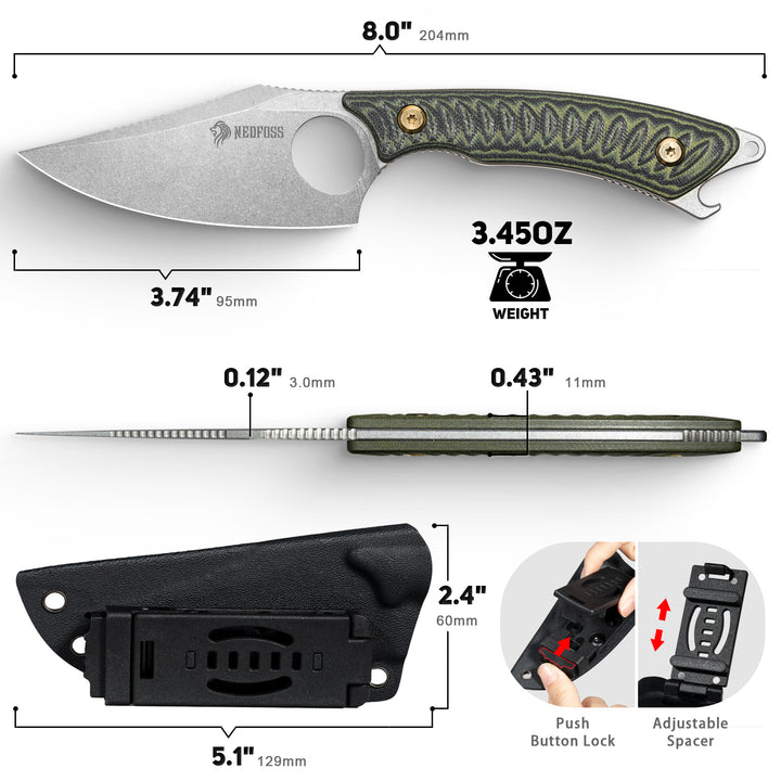 NedFoss CATFISH 3.7" 14C28N Steel EDC Fixed-Blade Full-Tang Camping Knife with Finger Hole, G10 Handle, Bottle Opener