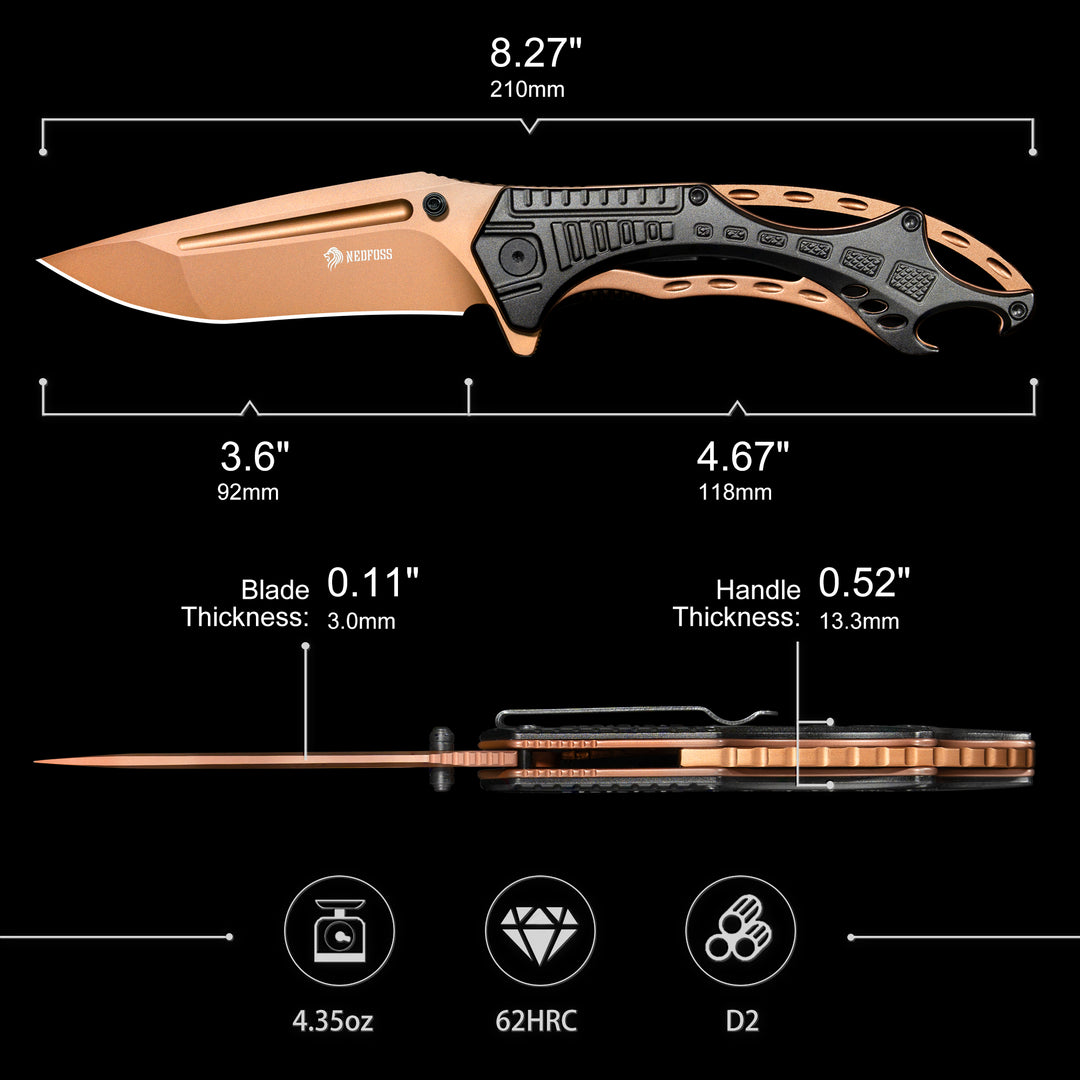 NedFoss CHEETAH Folding Pocket Knife, Premium Gold D2 Steel Blade Survival Knife, Unique Aluminum Handle with Skeletonized Frame, Pocket Clip, Cool Pocket Knives for Men Gift