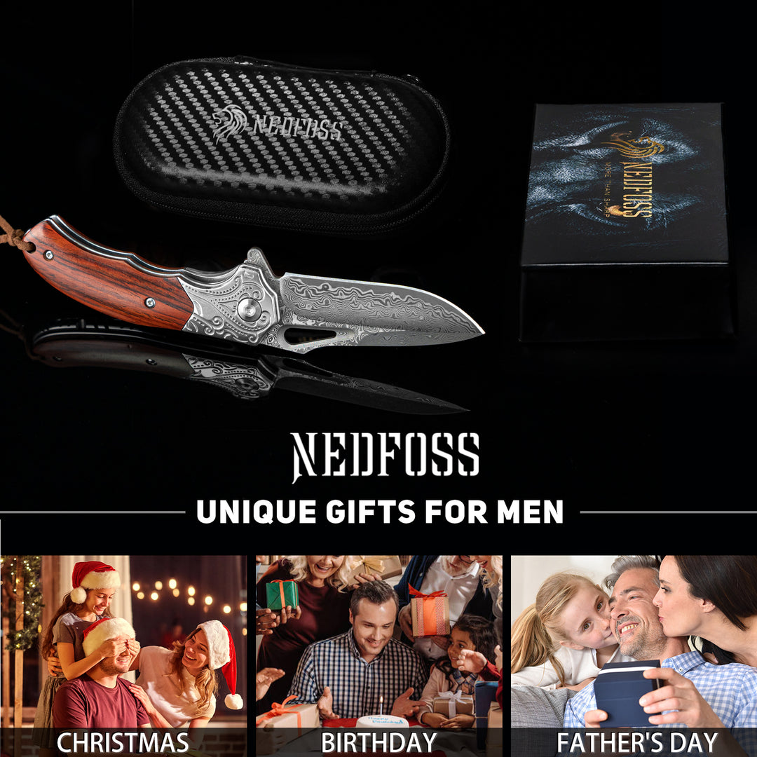 Nedfoss tiger-shark  Damascus Pocket Knife with Engraved Pattern and Sandalwood Handle