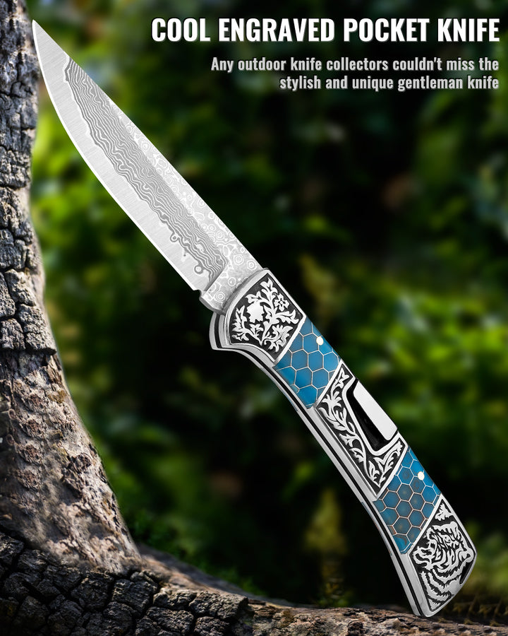 NedFoss SMILODON Damascus Pocket Knife for Men, 4" Back Lock Folding Knife, Luminous Resin and Engraved 3D Tiger Relief Handle, Pocket Clip, Cool Knives Personalized Gift for Collection