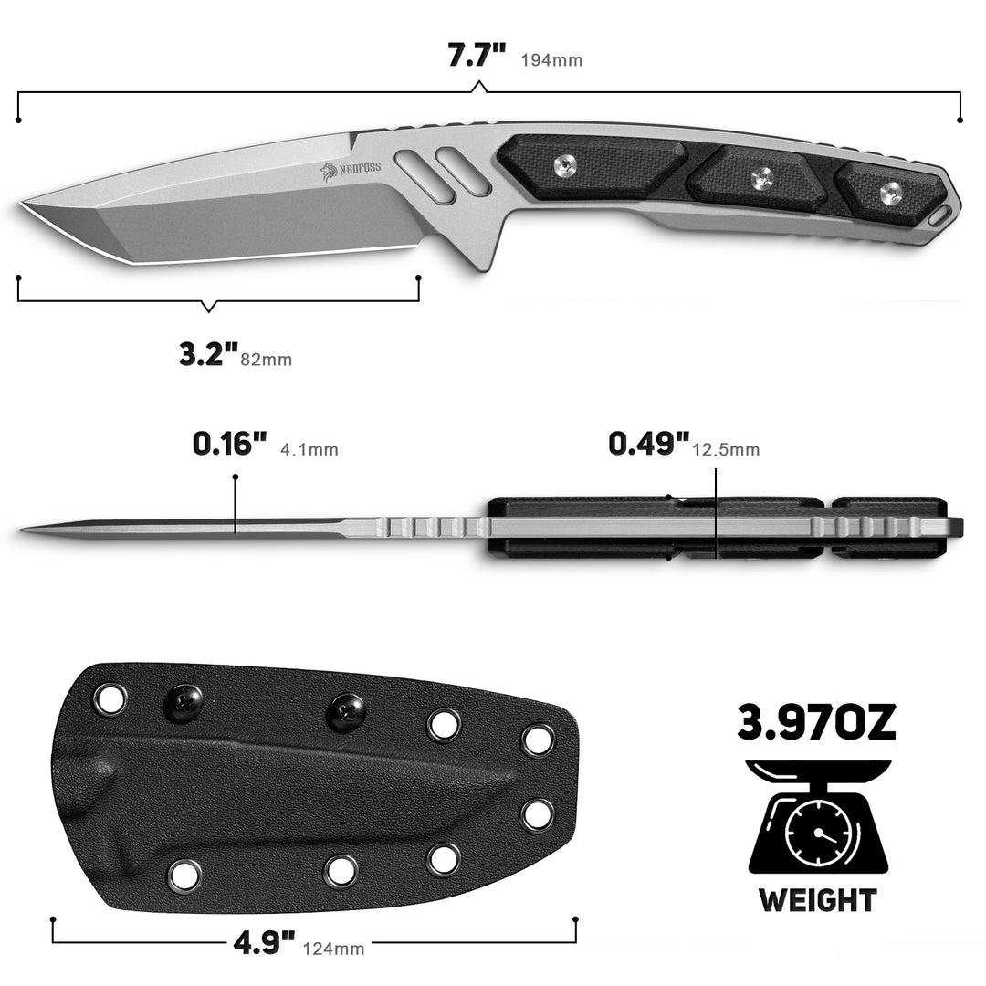 NedFoss BULWARK 3.2" D2 Steel Blade Tanto EDC Fixed Blade Knife with G10 Handle, Kydex Sheath, Belt Clip