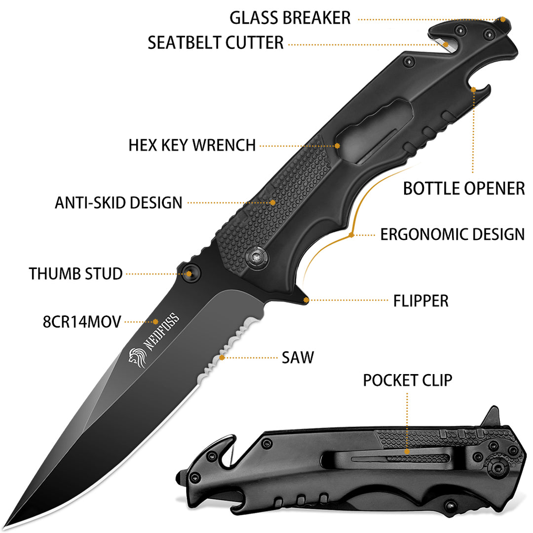 NedFoss FA48 5-in-1 Multitool Folding Knife with Bottle Opener, Glass Breaker, Seatbelt Cutter and Wrench