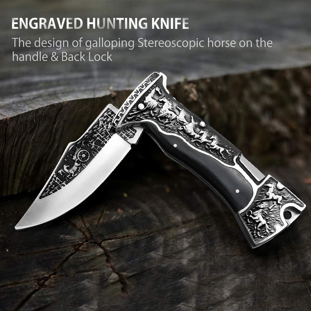 NedFoss Horse Pocket Folding Knife, 3.9" 440C Blade and Engraved Handle