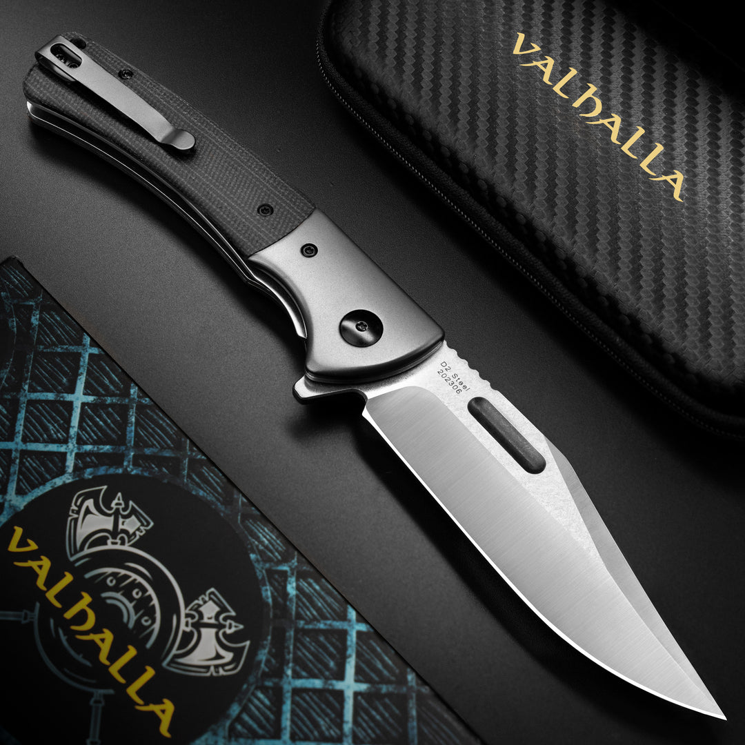 VALHALLA PTEROSAUR Pocket Knife, 3.9'' D2 Steel Folding Knife with Micarta Handle, Pocket Knife for Men, Cool Knives, Hunting Knife, Gifts for Men