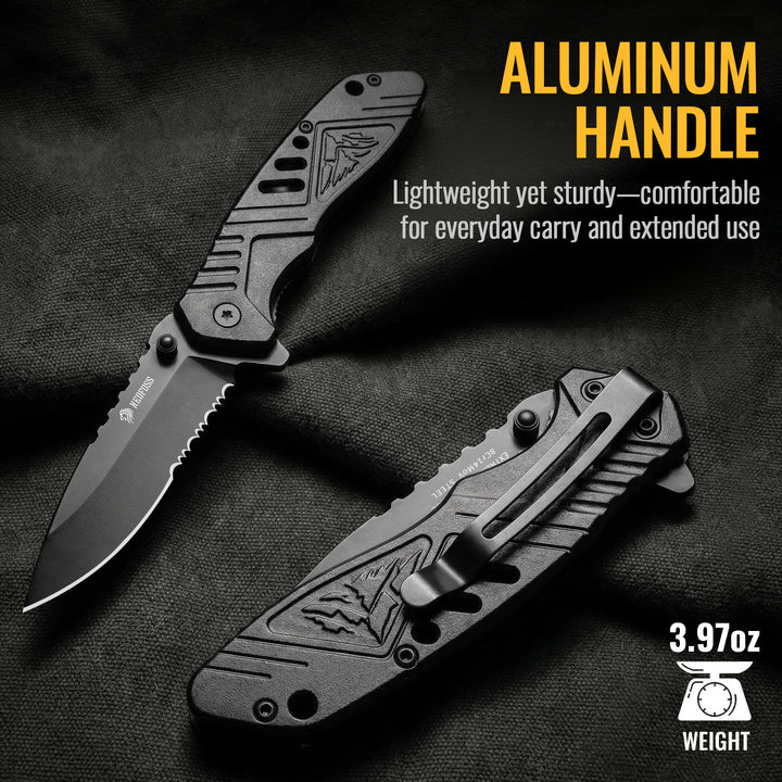 NedFoss EXTREME CHALLENGE 3.23" 8Cr14Mov Blade Serrated Pocket Knife with Clip, Aluminum Handle