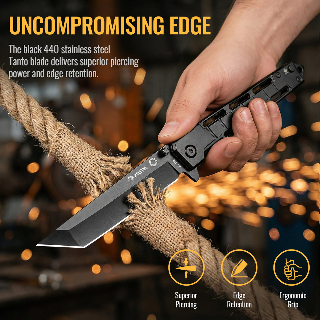 NedFoss 3.5'' Tanto Compact EDC Pocket Folding Knife with Pocket Clip and Glass Breaker, Liner Lock