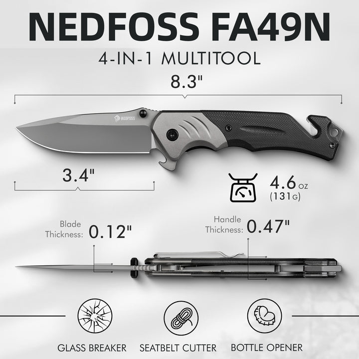 NedFoss FA49N Pro EDC Pocket Knife  4-in-1 Tactical Multitool Folding Knife with Glass Breaker, Seat Belt Cutter & Bottle Opener