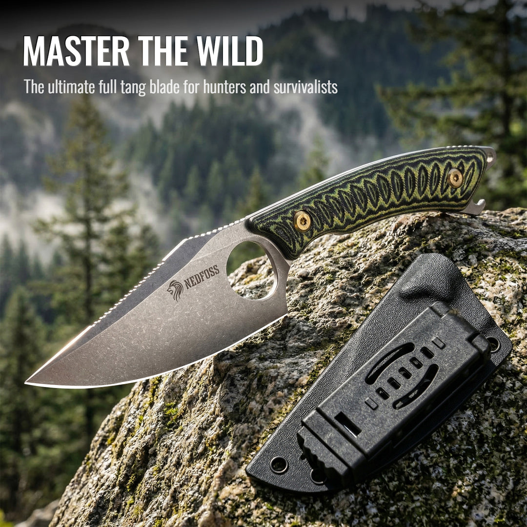 NedFoss CATFISH 3.7" 14C28N Steel EDC Fixed-Blade Full-Tang Camping Knife with Finger Hole, G10 Handle, Bottle Opener