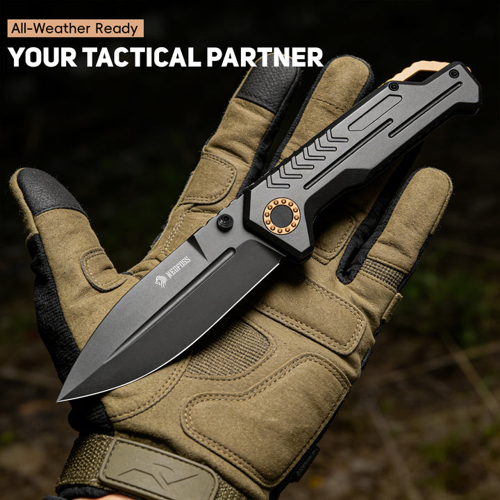 NedFoss M17 Tactical Knife, Large Pocket Knife for Men, 3.4" PVD D2 Steel Folding Knife with Lightweight Aluminum Handle, Glass Breaker, Frame Lock, Clip, Cool Survival Knives For EDC Hunting Work