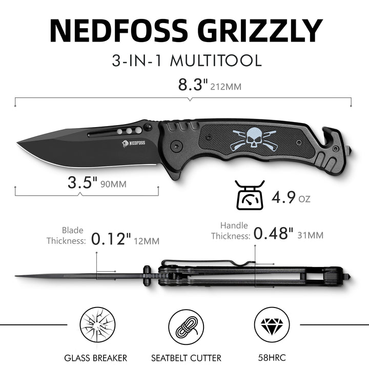 Nedfoss Grizzly Tactical Pocket Knife with Glass Breaker and Seatbelt Cutter, Unique Skull G10 Handle