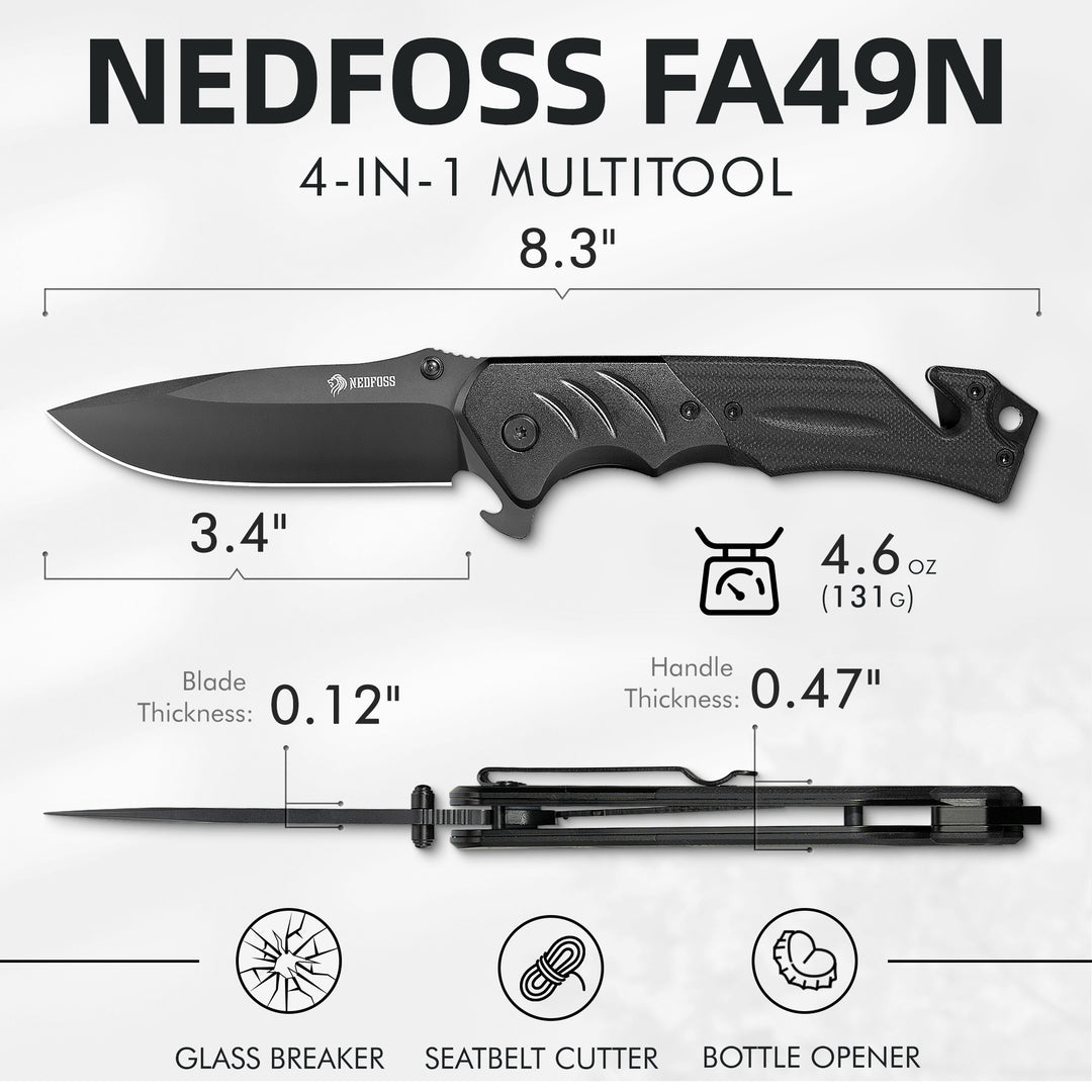 NedFoss FA49 Pro 4-in-1 3.4" 8Cr14Mov Steel Upgraded Black Tactical Pocket Knife with G10 Handle