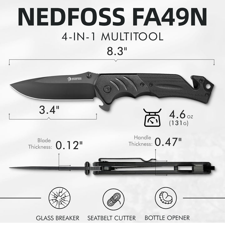 NedFoss FA49 Pro 4-in-1 3.4" 8Cr14Mov Steel Upgraded Black Tactical Pocket Knife with G10 Handle