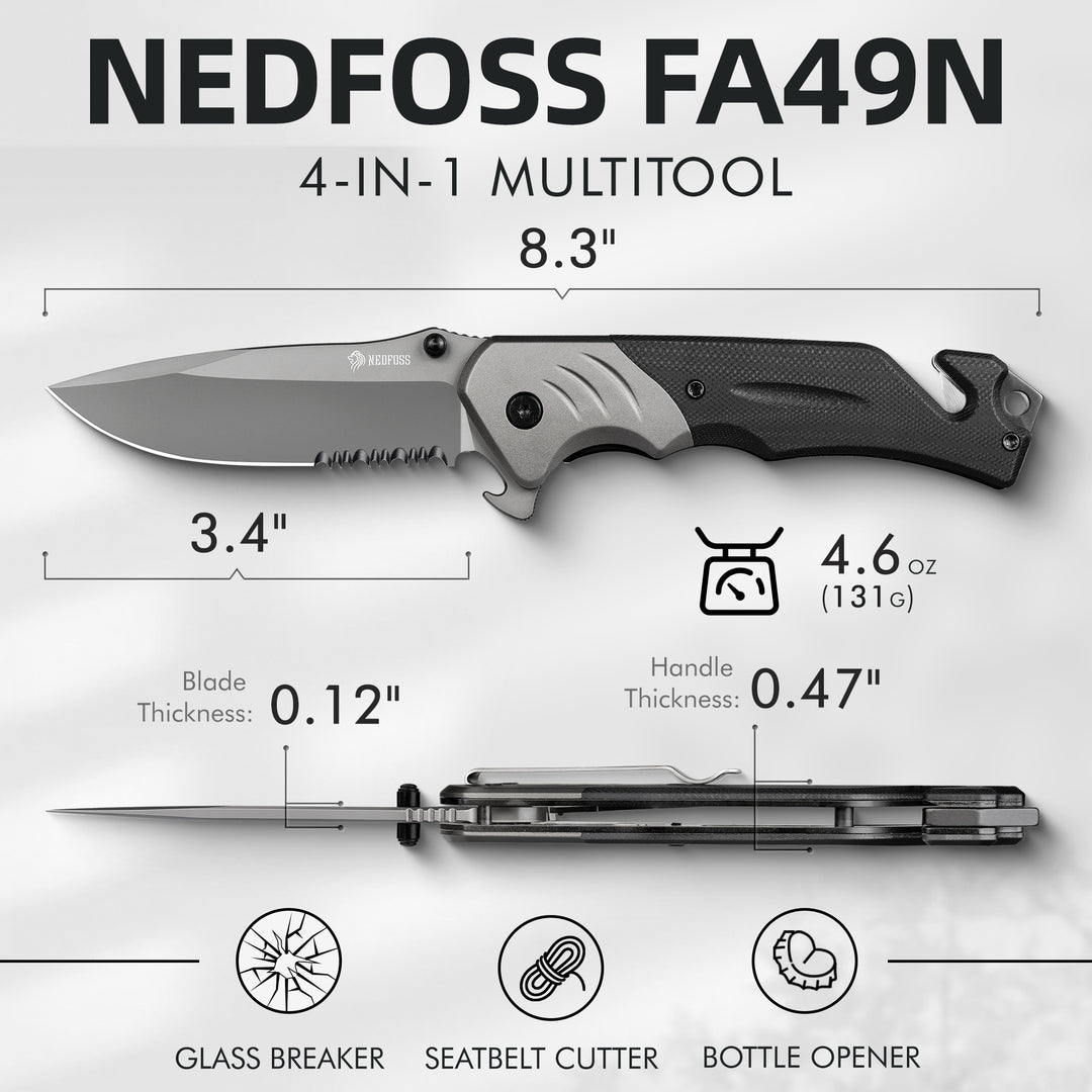 NedFoss FA49N Pro 4-in-1 Tactical Multitool Folding Knife with Glass Breaker, Seat Belt Cutter & Bottle Opener