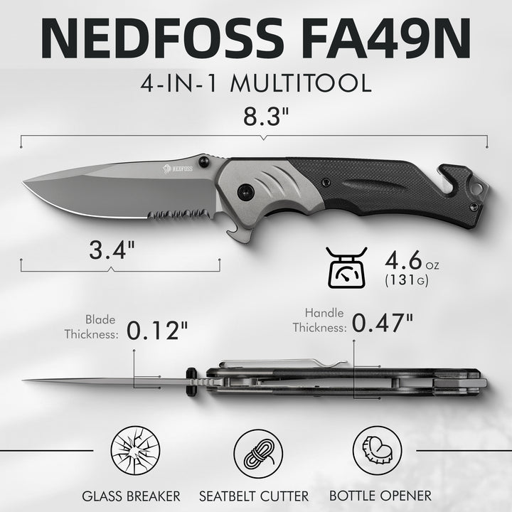 NedFoss FA49N Pro 4-in-1 Tactical Multitool Folding Knife with Glass Breaker, Seat Belt Cutter & Bottle Opener