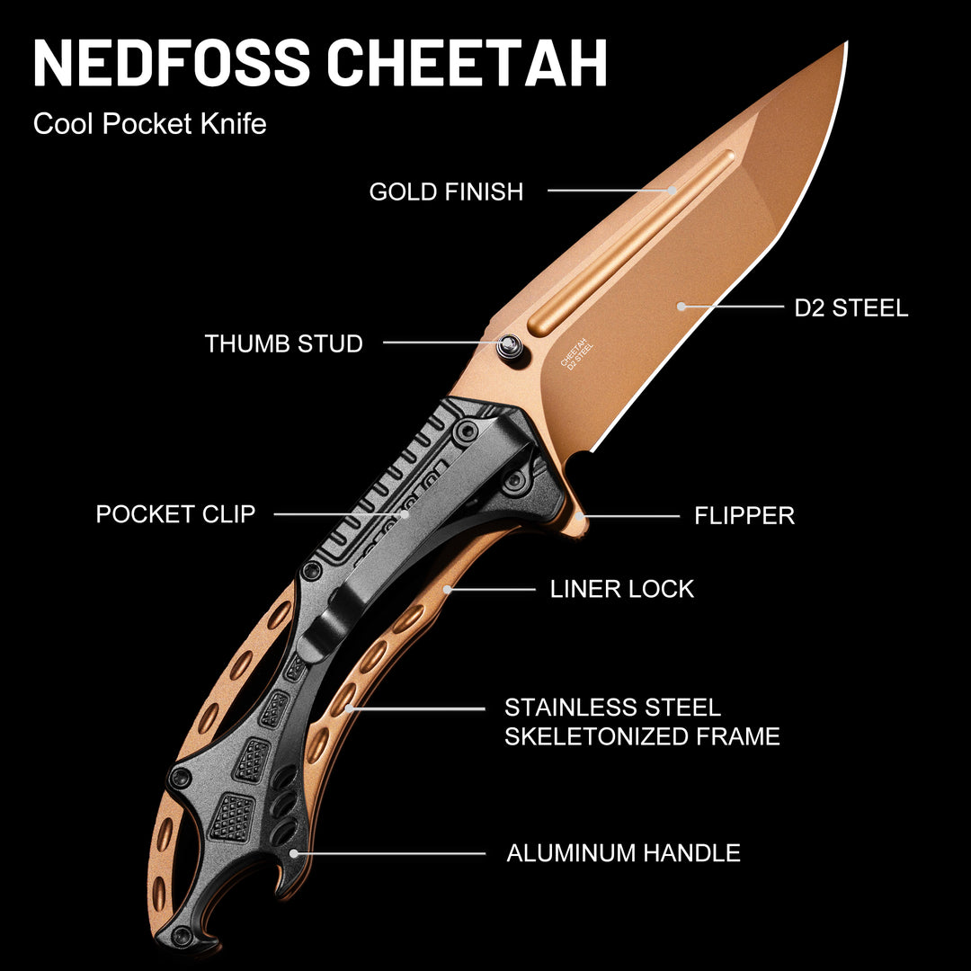 NedFoss CHEETAH Folding Pocket Knife, Premium Gold D2 Steel Blade Survival Knife, Unique Aluminum Handle with Skeletonized Frame, Pocket Clip, Cool Pocket Knives for Men Gift