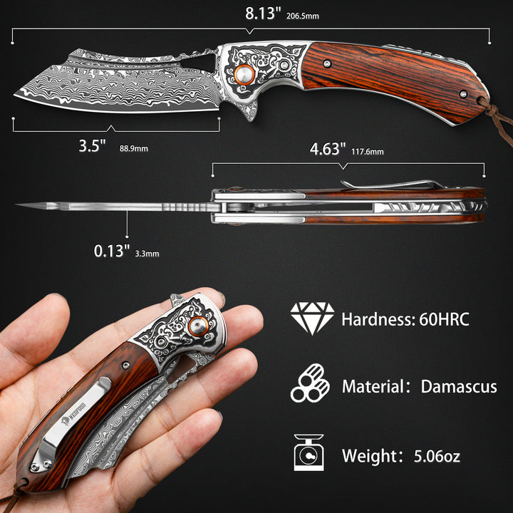 Nedfoss Unicorn Damascus 3.5"VG10 Steel Blade Pocket Knife with Leather Sheath and Sandalwood Handle