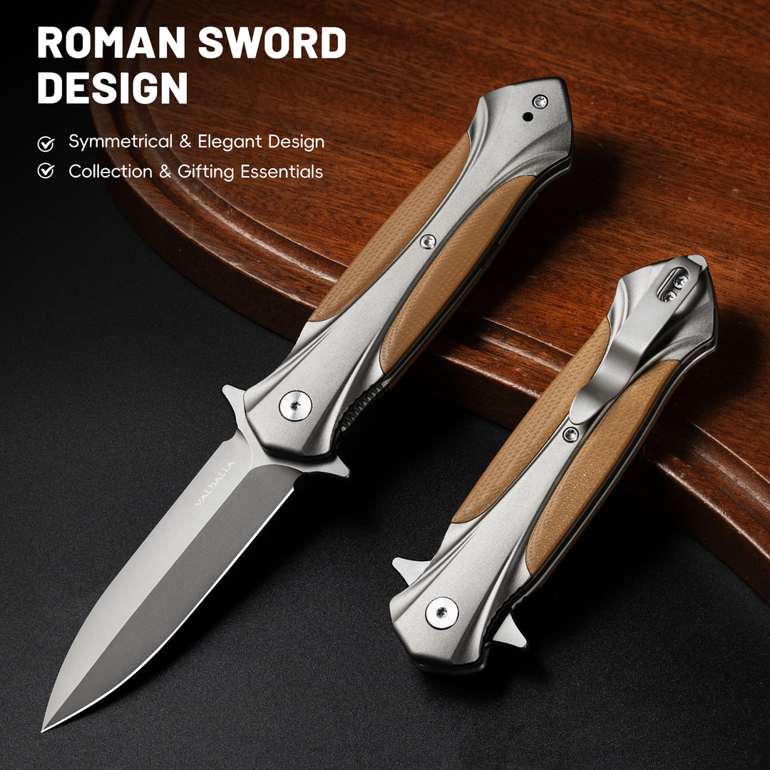 VALHALLA ROMA Pocket Knife, 3.5'' D2 Steel Retro Pocket Folding Knife with Aluminum G10 Handle, Cool Pocket Knife For Men, Liner Lock, Cool EDC Knives, Gift for men Women