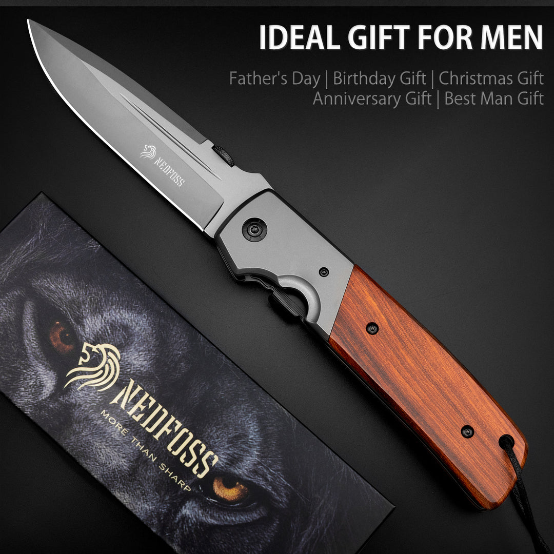 Nedfoss DA52  5" Long Blade Folding Knife with Wood Handle, Safety Liner Lock and Belt Clip